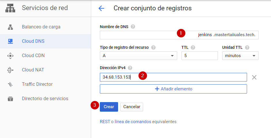 cloud dns crear conjunto de registros