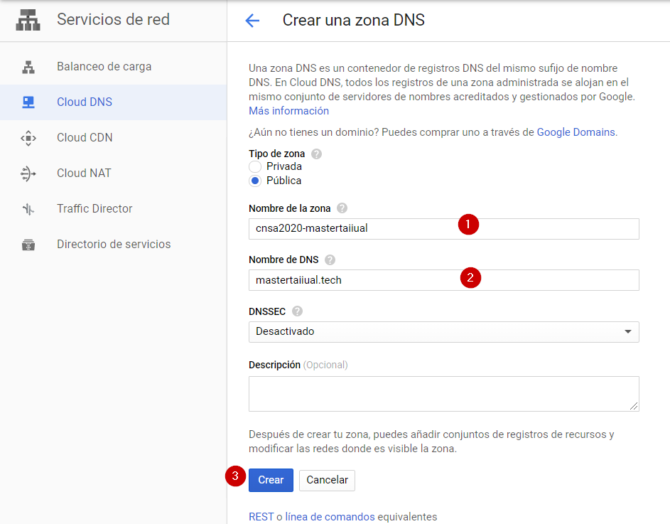 cloud dns crear zona