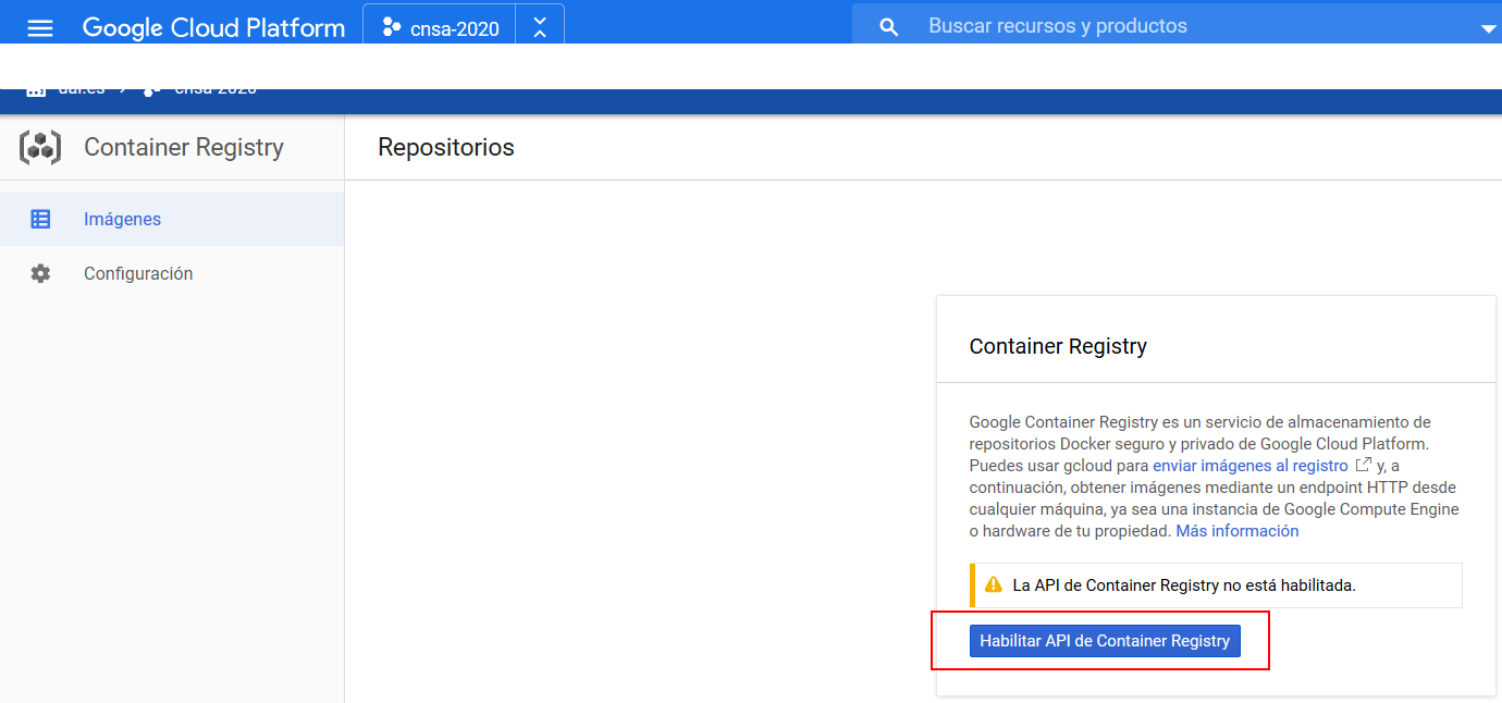 container registry habilitar api