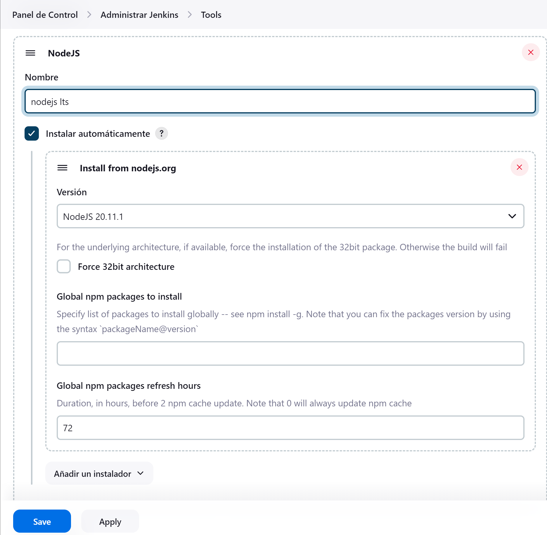 jenkins tool nodejs lts